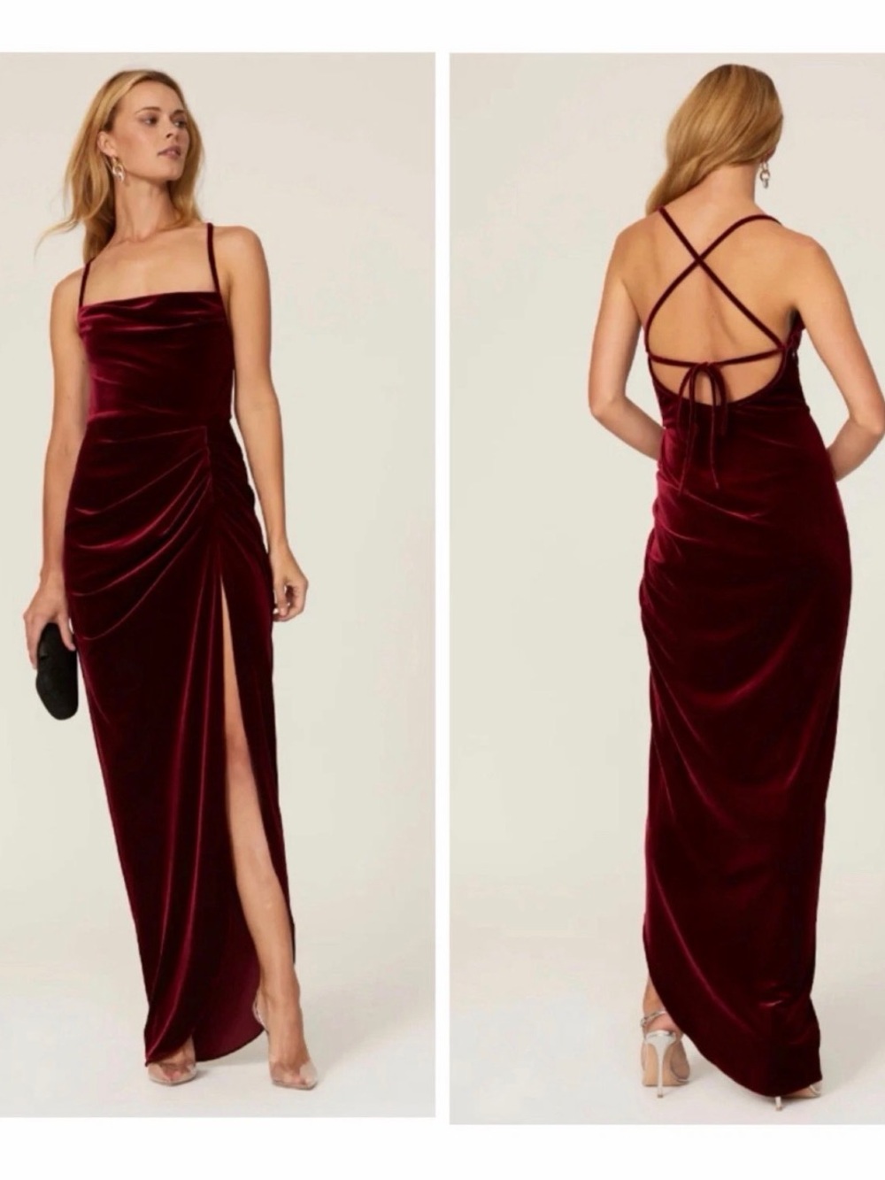 Velvet Burgundy Ruched Slit Evening Gown